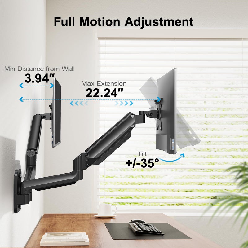 HUANUO Gaming Dual Monitor Wall Mount for 17-32 Inch Computer Screen Mount (4.4-17.6lbs Per Arm) - VESA 75x75/100x100 Height Adjustable Stand for Dual Monitors - Home Office Desk Setup - Image 3